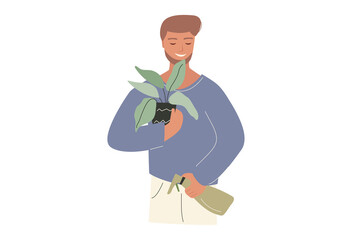 A happy man with a beard takes care of a houseplant in a pot, holds it in his hands. A young man with a smile grows a houseplant at home and enjoys his hobby. Cartoon colorful vector illustration