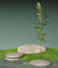 Background for cosmetics. Podium for goods in the form of a stone in the forest near the water 3d render