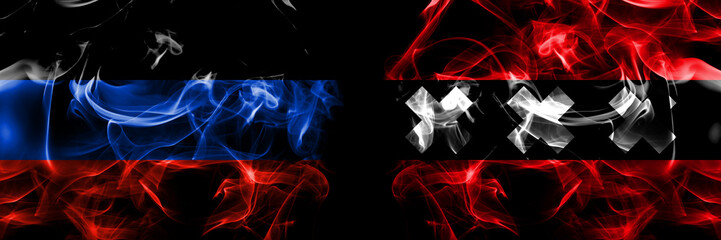 Donetsk People's Republic vs Netherlands, Amsterdam, city flag. Smoke flags placed side by side isolated on black background.