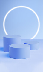three cylinders against the background of a neon circle in blue hues. Background for products. 3d render