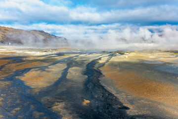 Fumarole field in Hverir geothermal zone Iceland. Famous tourist attraction