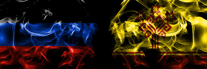 Donetsk People's Republic vs Russia, Russian, Chuvashia flag. Smoke flags placed side by side isolated on black background.