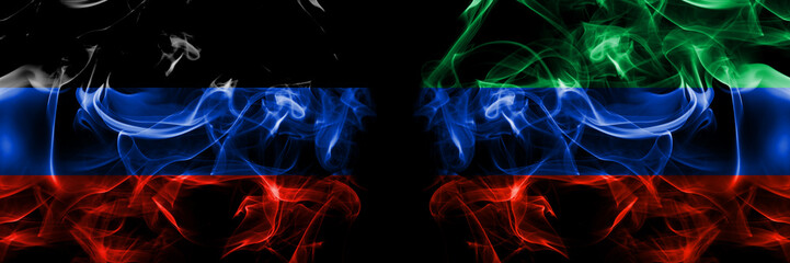 Donetsk People's Republic vs Russia, Russian, Dagestan flag. Smoke flags placed side by side isolated on black background.