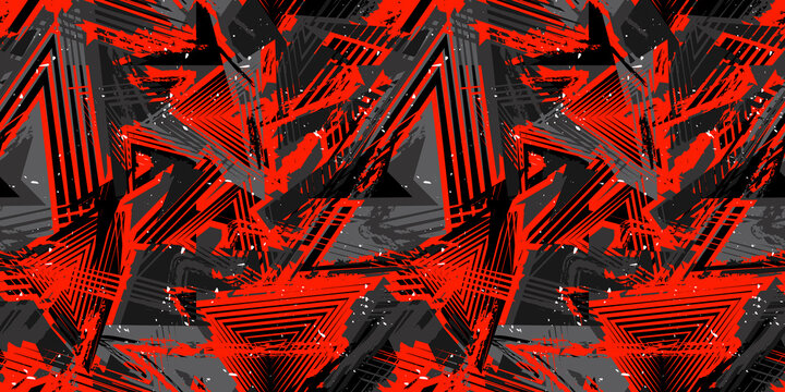 Abstract vector seamless grunge pattern. Urban art texture with neon lines, triangles, chaotic brush strokes, ink, splatter. Grungy graffiti background. Trendy design in red, black and gray color