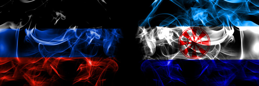 Donetsk People's Republic vs Russia, Russian, Evenkia flag. Smoke flags placed side by side isolated on black background.