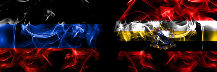 Donetsk People's Republic vs Russia, Russian, Kursk Oblast flag. Smoke flags placed side by side isolated on black background.