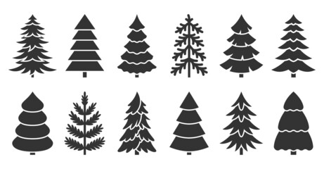 Christmas tree silhouette stamp black glyph set. Holiday sticker different shape forest natural evergreen object. Monochrome element for holiday card decor new year simple print simple isolated white