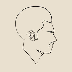 Portrait. Silhouette of a male head. Black man. Flat illustration of a face. Head icon. Male face avatar. Linear head. Black guy with mustache. Head silhouette. 70s style