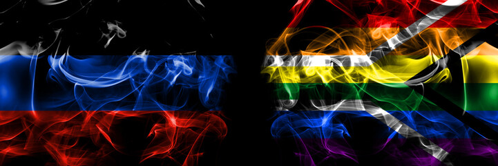 Donetsk People's Republic vs South Africa, African, gay  flag. Smoke flags placed side by side isolated on black background.