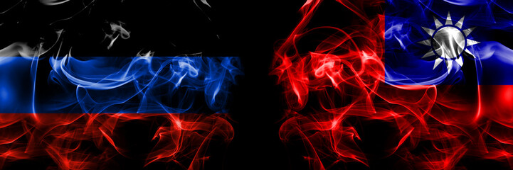 Donetsk People's Republic vs Taiwan, Taiwanese, China, Chinese flag. Smoke flags placed side by side isolated on black background.