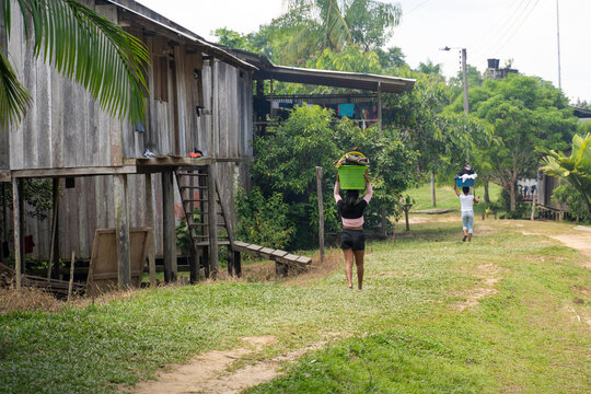 San Martin de Amacayacu, Leticia, Amazonia, Colombia,  on January 6, 2022. Architecture and atmosphere of the village at tikuna indigenous community.