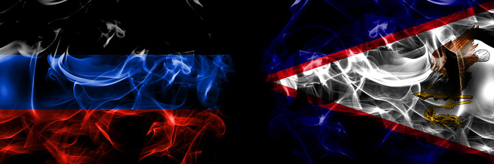 Donetsk People's Republic vs United States of America, America, US, USA, American, American Samoa flag. Smoke flags placed side by side isolated on black background.