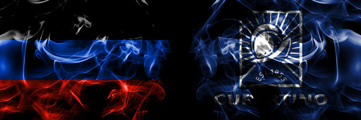 Donetsk People's Republic vs United States of America, America, US, USA, American, Cupertino, California flag. Smoke flags placed side by side isolated on black background.