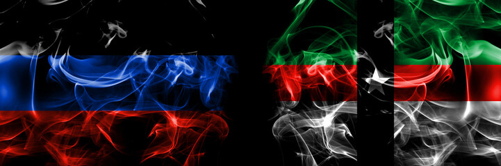 Donetsk People's Republic vs United States of America, America, US, USA, American, Denison, Texas flag. Smoke flags placed side by side isolated on black background.