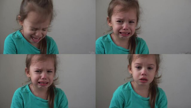 Video Collage little girl sad upset baby burst into tear cry sob looking at camera indoor. sincere children emotions feelings at home crying kid with pretty face. Concept childhood insult offend grief