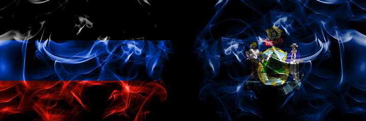 Donetsk People's Republic vs United States of America, America, US, USA, American, Maine flag. Smoke flags placed side by side isolated on black background.