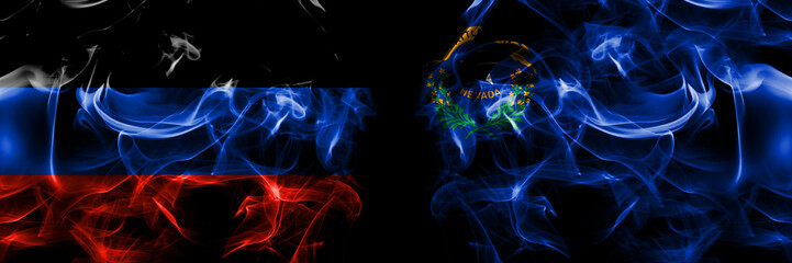 Donetsk People's Republic vs United States of America, America, US, USA, American, Nevada flag. Smoke flags placed side by side isolated on black background.