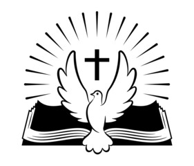Church logo. Bible and dove symbol of the holy spirit. Flying dove on the background of an open book. Shining cross. The Word of God that came to us through the Holy Scripture. Isolated. Vector - 488879302