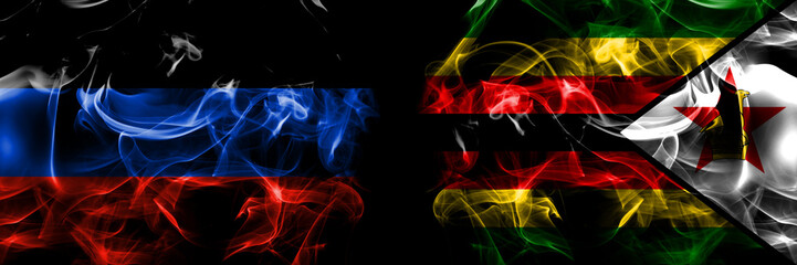 Donetsk People's Republic vs Zimbabwe, Zimbabwean, Zimbo flag. Smoke flags placed side by side isolated on black background.