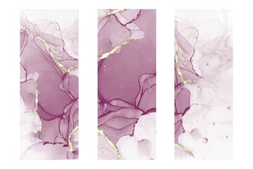 Vector illustration Set of three bookmarks decorated with alcohol ink texture. Bookmarks with modern creative design