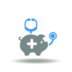 Vector illustration of piggy bank with stethoscope. Icon of money and health. Symbol of saving health. Health invest sign.