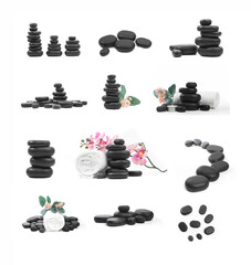 set of black spa stones isolated on white background.