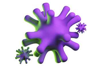 Viral bacteria. Abstract viral molecules. Purple virus molecules in air. Disease symbols on white. Cartoon style. Virological diseases. Three-dimensional disease molecules. 3d rendering.
