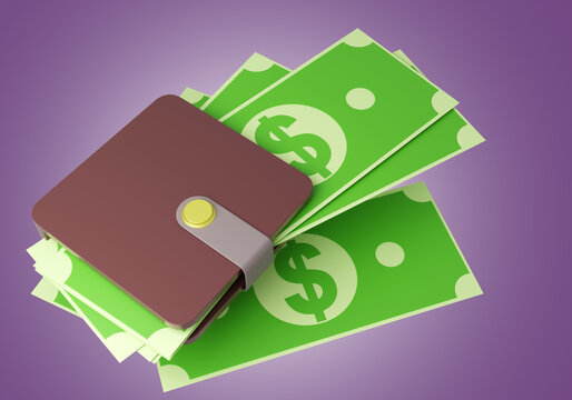 Wealth and financial well-being concept. Wallet full of dollars. Wallet with money for your advertising. Green bills with dollar sign in wallet. Making profit or salary. 3d rendering.