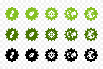 Cogwheel vector icon set. Clean energy concept.  Dark green, light green, black and white.