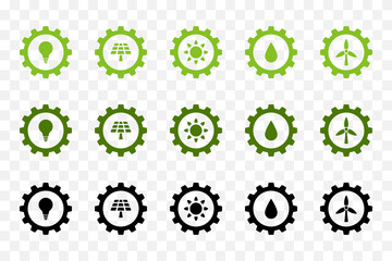 Cogwheel vector icon set. Renewable, sustainable energy concept.  Dark green, light green, black.