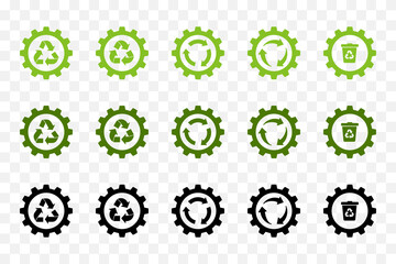 Cogwheel vector icon set. Recycling concept.  Dark green, light green, black.