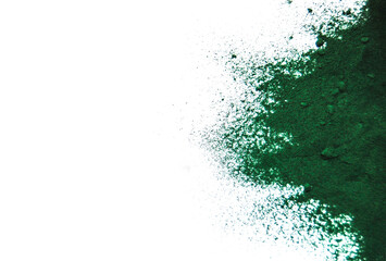 Green spirulina algae powder isolated at white background.