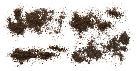 Set with piles of fertile soil on white background, top view - obrazy, fototapety, plakaty