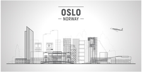 Oslo Norway line city skyline with panorama in white background. Vector Illustration. Business travel and tourism concept with modern buildings. Image for presentation, banner, placard and website