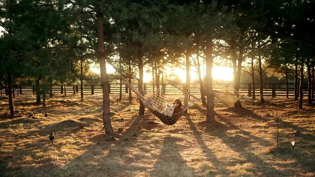 Young freelancer woman with dog working at the tablet pc on the in hammock outdoors at sunset. Concept of the workplace at home, working remotely.