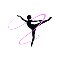 Plakat silhouette of young female woman girl ballet ballerina dance with ribbon logo design