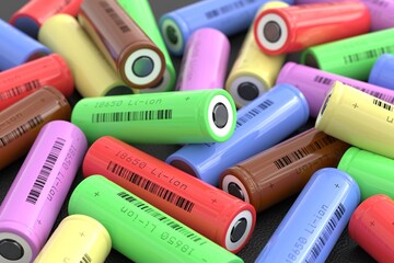 Lots of cylindrical multi-colored 18650 lithium-ion batteries are scattered on the table. Li-ion...