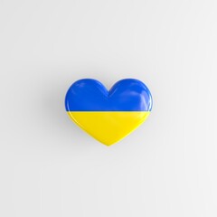 Heart shaped badge with the national flag of Ukraine as a symbol of patriotism and pride in one's country. State symbol of Ukraine on a glossy badge. 3D rendering