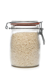 A canister filled with white rice.