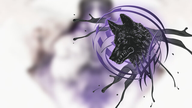 Black Wolf inside an abstract sphere. Moving paint splashes, 3D rendering