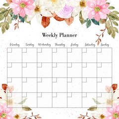 Colorful Weekly Planner with Spring Watercolor Floral Background
