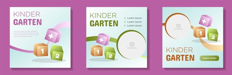 Child care service social media post, banner set, kindergarten advertisement concept, toddler learning marketing square ad, abstract print, isolated on background
