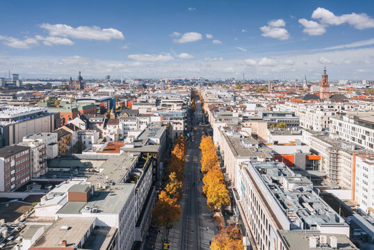 Autumn aerial view on the street of Mannheim city, Baden-W&uuml;rttemberg, Germany