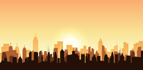 Cityscape sunset vector background retro vintage cartoon. Cityscape skyline sunrise urban - obrazy, fototapety, plakaty