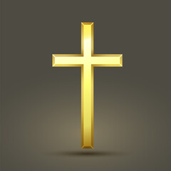 Gold holy cross icon. Religious holy golden cross vector christian symbol isolated