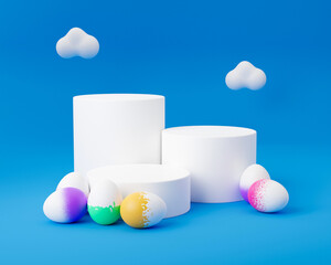 Easter egg with empty podium 3d render illustration on blue background with cloud. happy easter day concept. minimal scene with pedestal and egg.