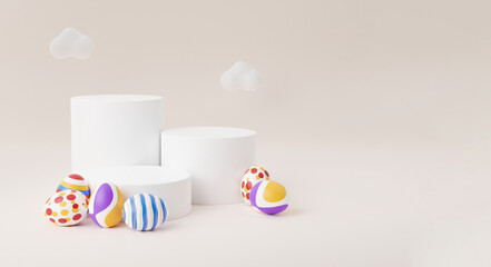 Easter egg with empty podium 3d render illustration on beige background with cloud. happy easter day concept. minimal scene with pedestal and egg.