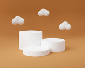 Three empty pedestal with cloud on brown background - 3d render. 3D white podium display with clouds. Sky and heaven concept for product promotion with copy space.
