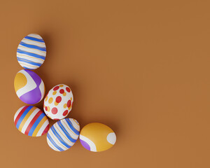 Fototapeta na wymiar Bunch of colorful eggs on a beige Easter background 3D Rendering. Pile of birght and colorful Easter Eggs - 3d render. Easter concept composition frame border
