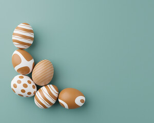 Golden easter eggs with gold pattern on a green background. 3d render illustration. Easter composition. Gold eggs on green 3d rendering